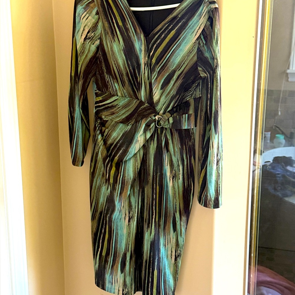 Anne Klein Green and Black Ruched Wrap Dress